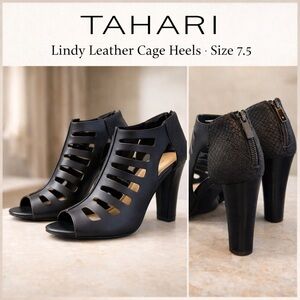 Tahari Lindy Leather Cage Bootie Heels Peep Toe Zip Sandals Size 7.5 Black